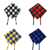 custom buffalo plaid tie-on dog bandana – personalized checkered pet scarf in black white, red black, yellow blue, and blue black