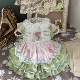 Customizable Pink and Green Pet Dress with Ruffled Lace and Pearl Details