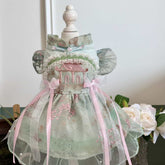 Customizable Elegant Green Pet Dress with Traditional Embroidery and Ribbons