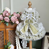 Customizable Charming Pet Dress in Olive Green and White with Lace Details and Bows