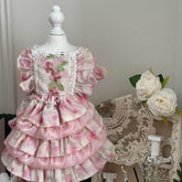Customizable Pink Floral Pet Dress with Ruffled Layers and Embroidered Details