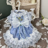 Customizable Light Blue Pet Dress with Lace Trim and Floral Bow