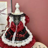 Customizable Luxurious Red and Black Pet Dress with Fur Trim and Bow