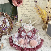 Customizable Charming Pet Dress in Fuchsia with Lace and Fur Pom-Pom Accents