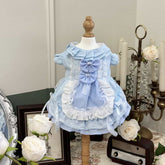 Customizable Blue Checkered Pet Dress with Ruffles and Lace Bow