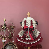 Customizable Vintage-Inspired Pet Dress in Deep Red with Black Lace and Charm Accents
