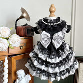 Customizable Elegant Black and Silver Pet Dress with Ruffles and Bow
