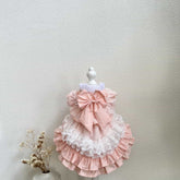 Customizable Sweet Pet Dress in Soft Pink with Lace Ruffles and a Large Bow