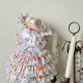 Customizable Floral Ruffled Pet Dress with Lace Accents and Bow Detail