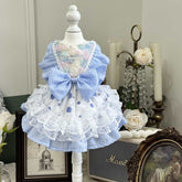 Customizable Blue Gingham Pet Dress with Lace and Floral Accents