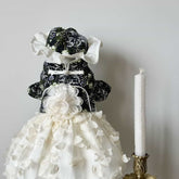 Customizable Elegant Pet Dress in Ivory with Floral Accents and Black Embroidered Bodice