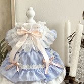 Customizable Blue Striped Pet Dress with Ruffles and Ribbon Details