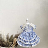Customizable Blue Gingham Pet Dress with Lace Trim and Ruffles
