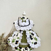 Customizable Whimsical Pet Dress in Cream with Floral Print and Olive Green Accents