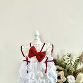 Customizable White Ruffled Pet Dress with Red Bow and Straps