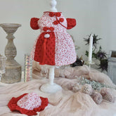 Customizable Adorable Pet Dress in Red and White Floral Pattern with Tassel Accents