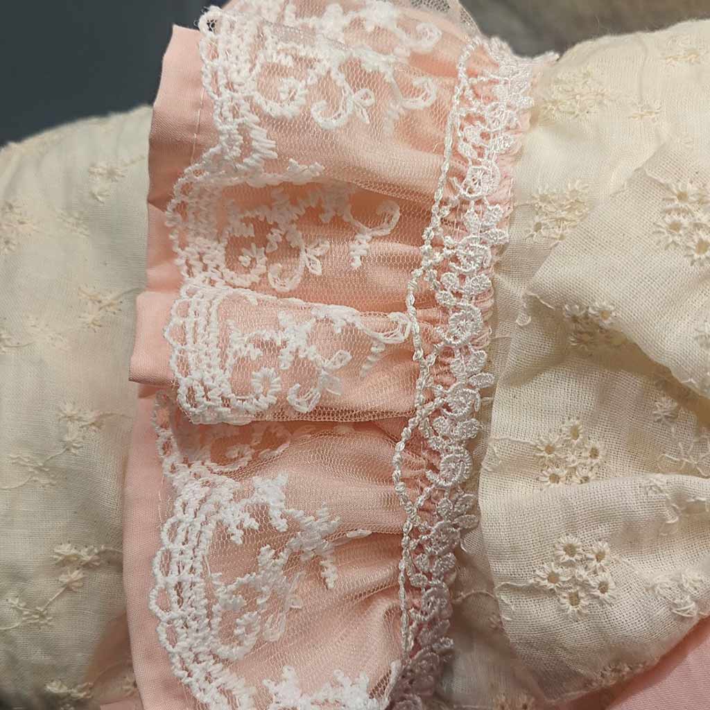 Customizable Pink and White Pet Dress with Lace Ruffles and Satin Bow