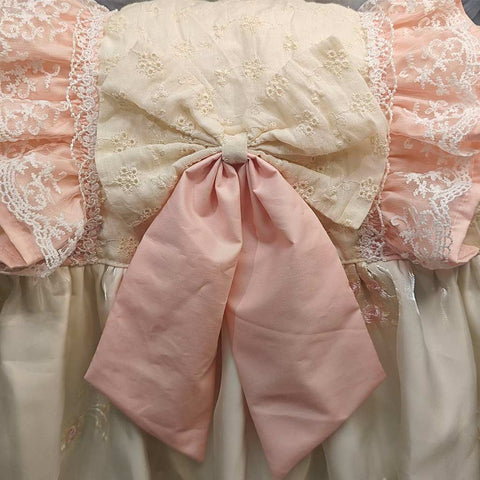 Customizable Pink and White Pet Dress with Lace Ruffles and Satin Bow