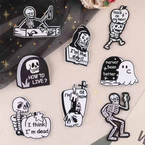 Halloween Skeleton & Ghost Iron-On Patches – Spooky Embroidered Appliques for Jackets, Bags & DIY Crafts