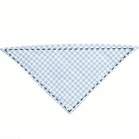 Moreloveu custom gingham plaid dog bandana in blue and white checkered pattern flat lay on white background