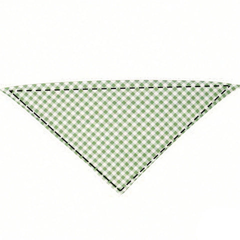 Moreloveu custom gingham plaid dog bandana in green and white checkered pattern flat lay on white background
