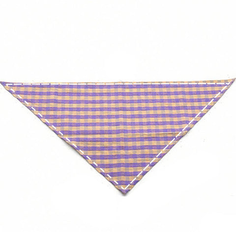Moreloveu custom gingham plaid dog bandana in purple and yellow checkered pattern flat lay on white background