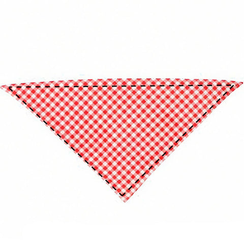 Moreloveu custom gingham plaid dog bandana in red and white checkered pattern flat lay on white background