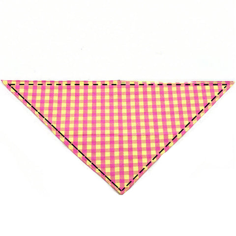 Moreloveu custom gingham plaid dog bandana in red and yellow checkered pattern flat lay on white background