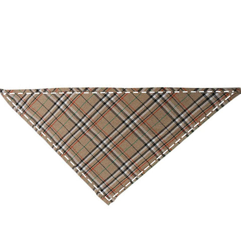 Moreloveu custom brown tartan plaid dog bandana – personalized pet scarf flat lay on white background