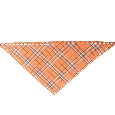 Moreloveu custom orange tartan plaid dog bandana – personalized pet scarf flat lay on white background