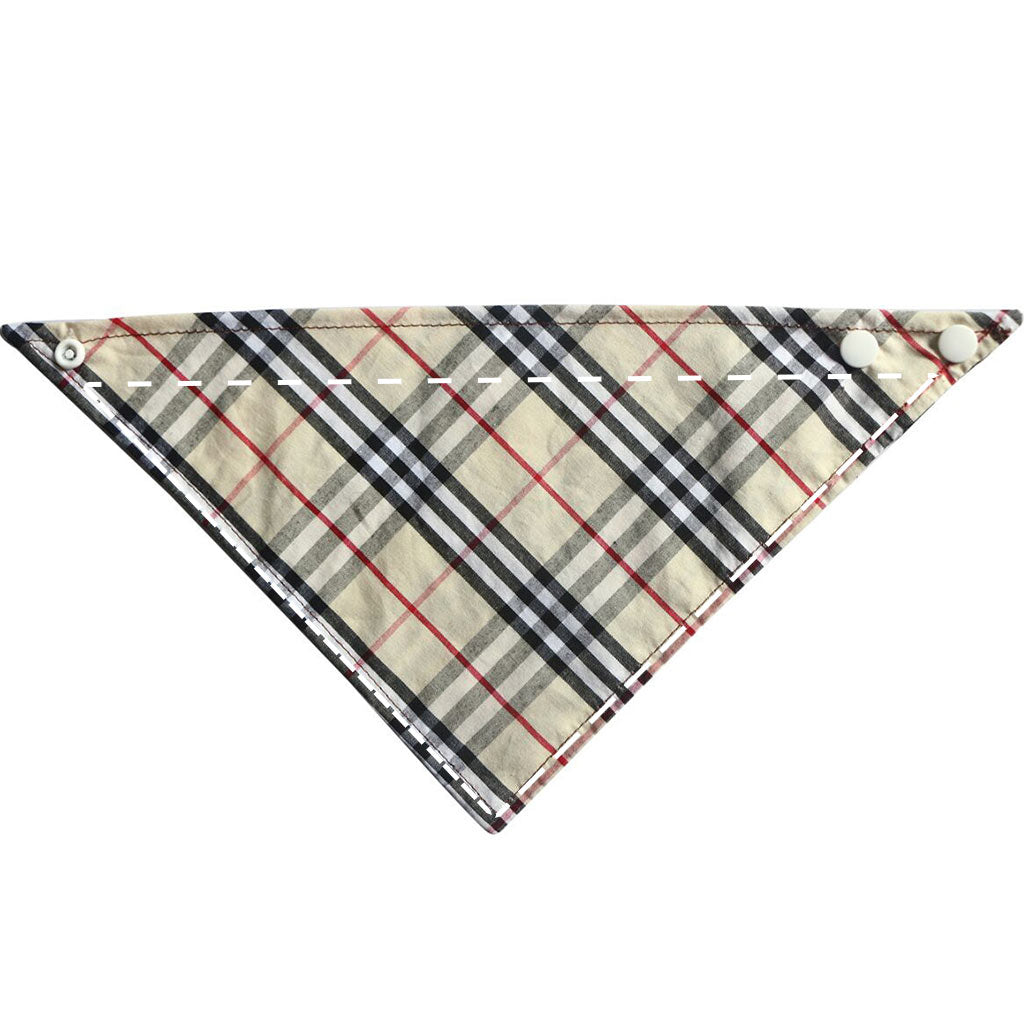 Moreloveu custom dog bandana with snap buttons plaid print design front view with customizable area