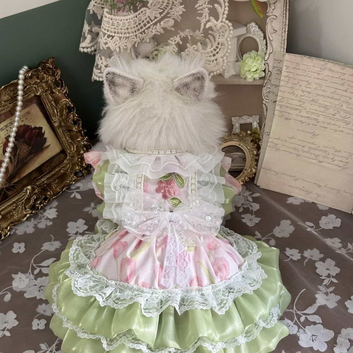 Customizable Pink and Green Pet Dress with Ruffled Lace and Pearl Details