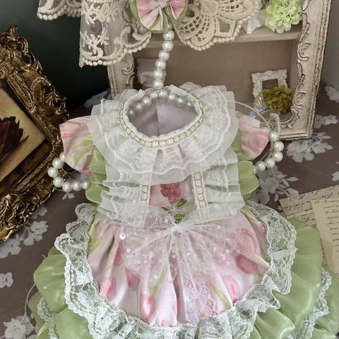 Customizable Pink and Green Pet Dress with Ruffled Lace and Pearl Details