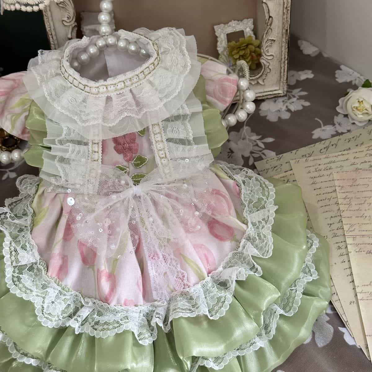 Customizable Pink and Green Pet Dress with Ruffled Lace and Pearl Details