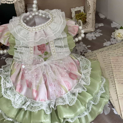 Customizable Pink and Green Pet Dress with Ruffled Lace and Pearl Details