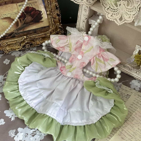 Customizable Pink and Green Pet Dress with Ruffled Lace and Pearl Details