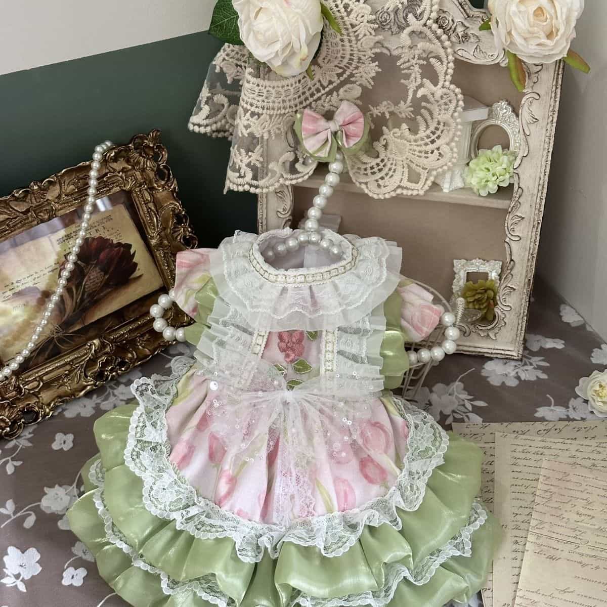 Customizable Pink and Green Pet Dress with Ruffled Lace and Pearl Details