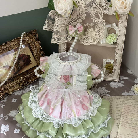 Customizable Pink and Green Pet Dress with Ruffled Lace and Pearl Details