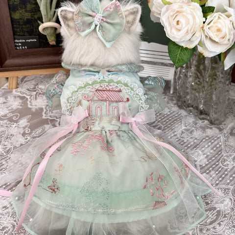 Customizable Elegant Green Pet Dress with Traditional Embroidery and Ribbons