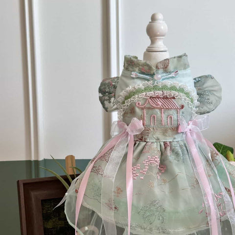 Customizable Elegant Green Pet Dress with Traditional Embroidery and Ribbons