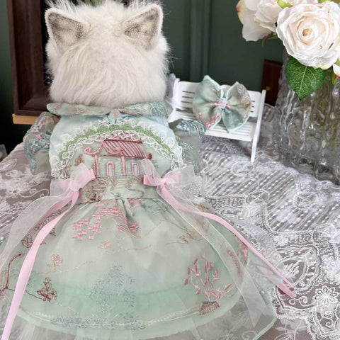 Customizable Elegant Green Pet Dress with Traditional Embroidery and Ribbons