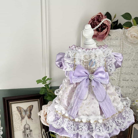 Customizable Elegant Pet Dress in Lavender and White with Lace and Bow Embellishments