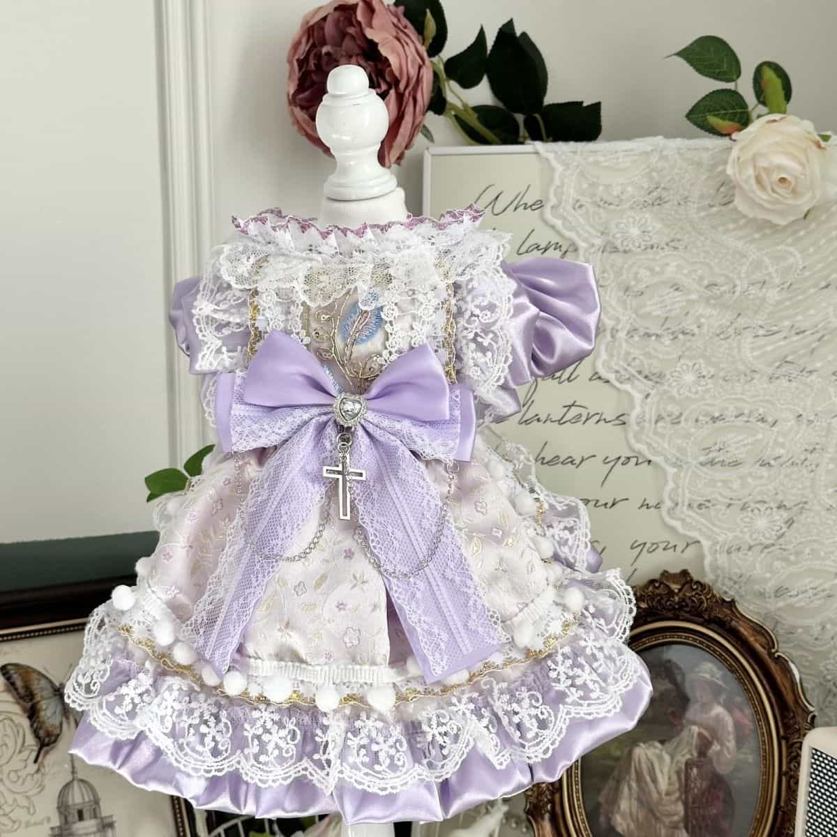 Customizable Elegant Pet Dress in Lavender and White with Lace and Bow Embellishments