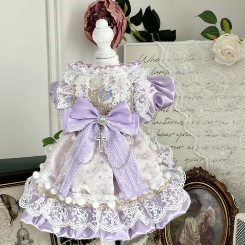 Customizable Elegant Pet Dress in Lavender and White with Lace and Bow Embellishments