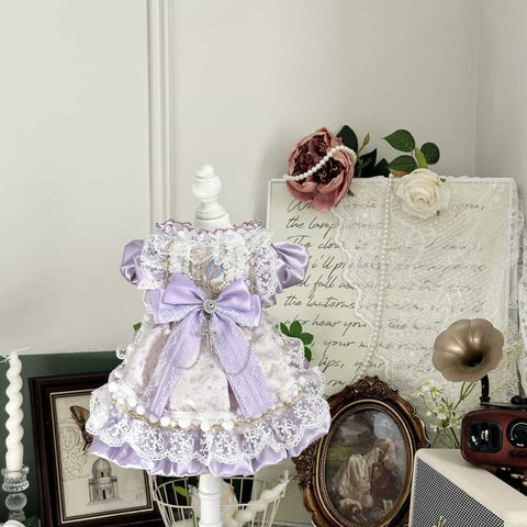 Customizable Elegant Pet Dress in Lavender and White with Lace and Bow Embellishments