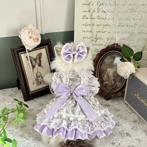 Customizable Elegant Pet Dress in Lavender and White with Lace and Bow Embellishments
