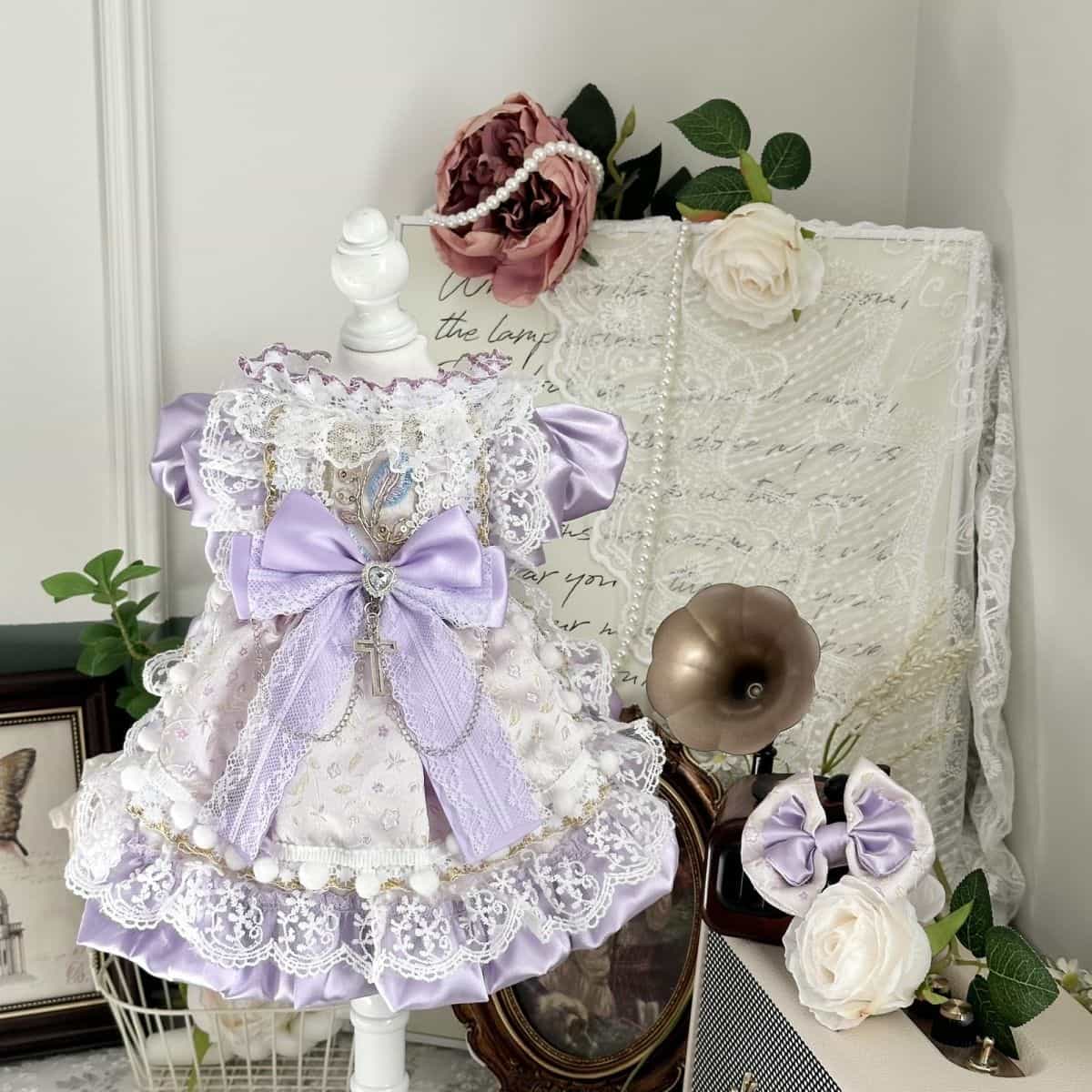 Customizable Elegant Pet Dress in Lavender and White with Lace and Bow Embellishments
