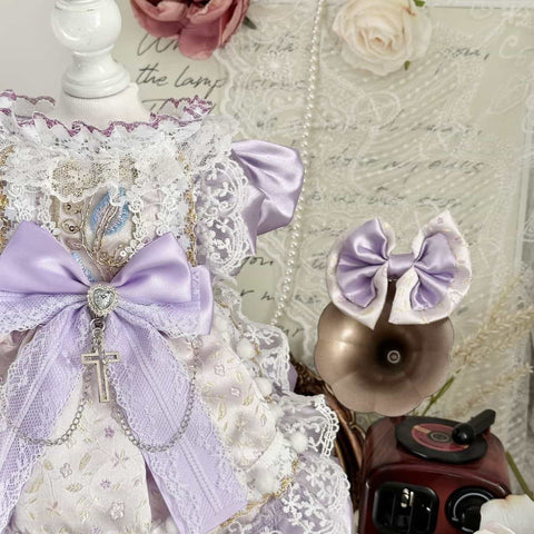 Customizable Elegant Pet Dress in Lavender and White with Lace and Bow Embellishments