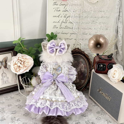 Customizable Elegant Pet Dress in Lavender and White with Lace and Bow Embellishments