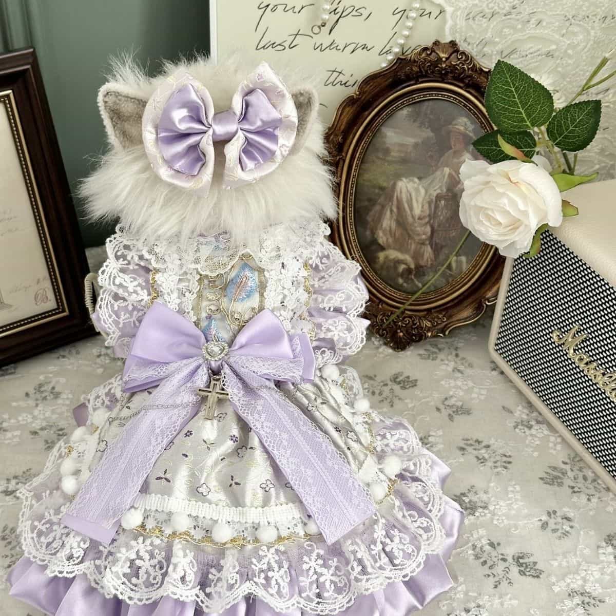 Customizable Elegant Pet Dress in Lavender and White with Lace and Bow Embellishments